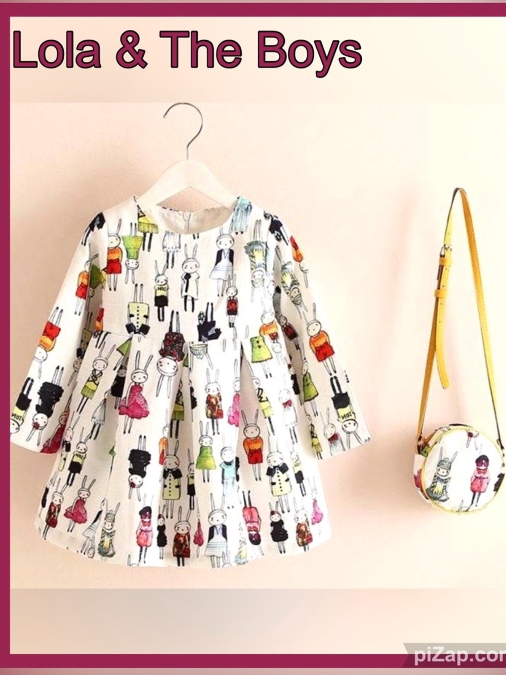 🐰Lola + The Boys White Kids Dress w/ Colorful Character Print w/Handbag Sz 3-4T